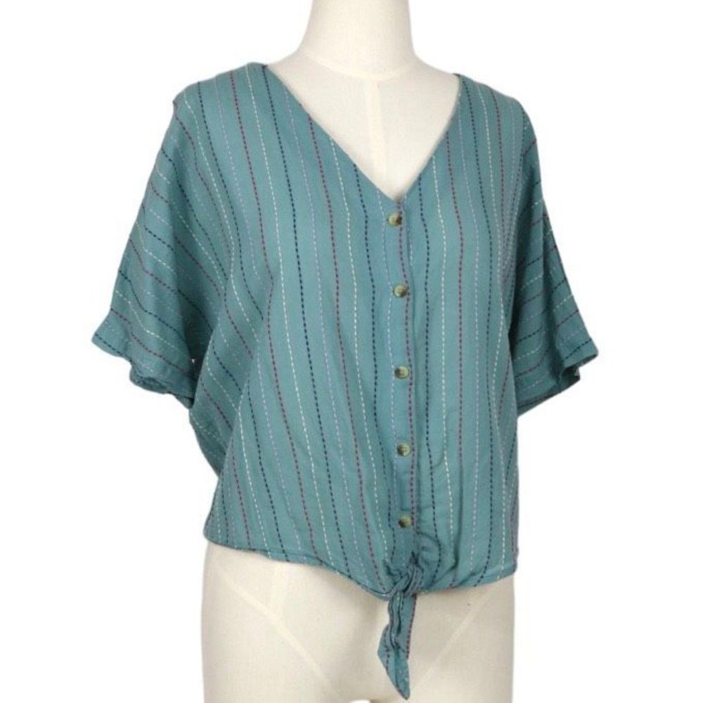 Falls Creek Light Teal Blue Button Down Embroidered Short Sleeve Blouse XL